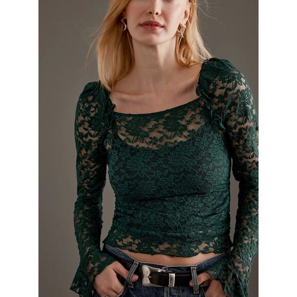 Anthropologie NEW Puff Shoulder Lace Top Size M Stretchy Fabric - Picture 1 of 16